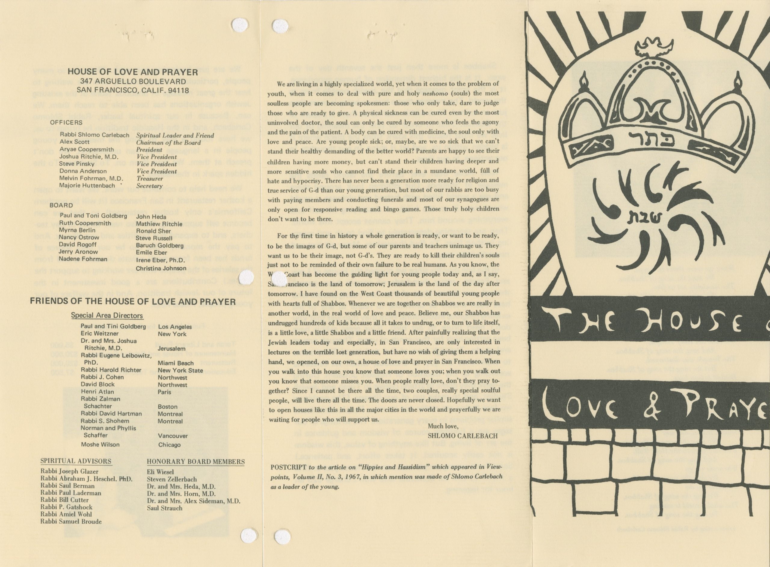 The first part of a brochure advertising the House of Love and Prayer, 1968

