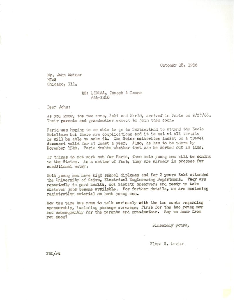 A letter describing the arrival of Zaki and Farid, Joseph’s sons, in Paris, the complications encountered by Farid with regard to attending school in Switzerland, and the need to discuss refugee sponsorship with their aunts living in the U.S. (document 4).