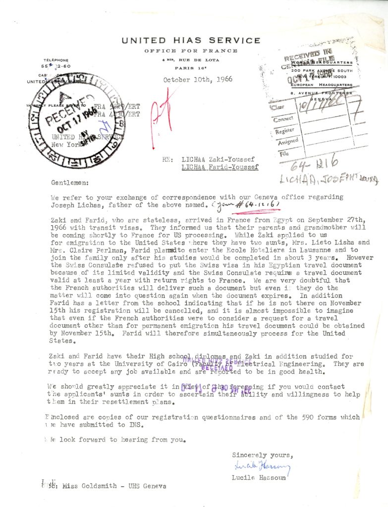 A letter explaining that Farid is unable to attend university in Switzerland because he cannot obtain a visa and will therefore travel to the U.S. with his brother, Zaki (document 9).