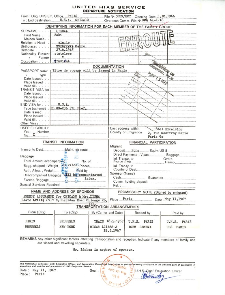 A departure notification for Zaki Lichaa, documenting his status as stateless and outlining the logistics of his travel from Paris to Chicago (document 16).
