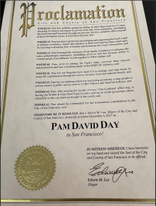 Pam David day proclamation from Mayor Ed Lee, on my retirement from the Walter & Elise Haas Fund (and written by my staff!)