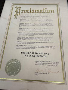 My first “Pamela David Day” proclamation, on leaving government for private philanthropy. From Mayor Willie Brown